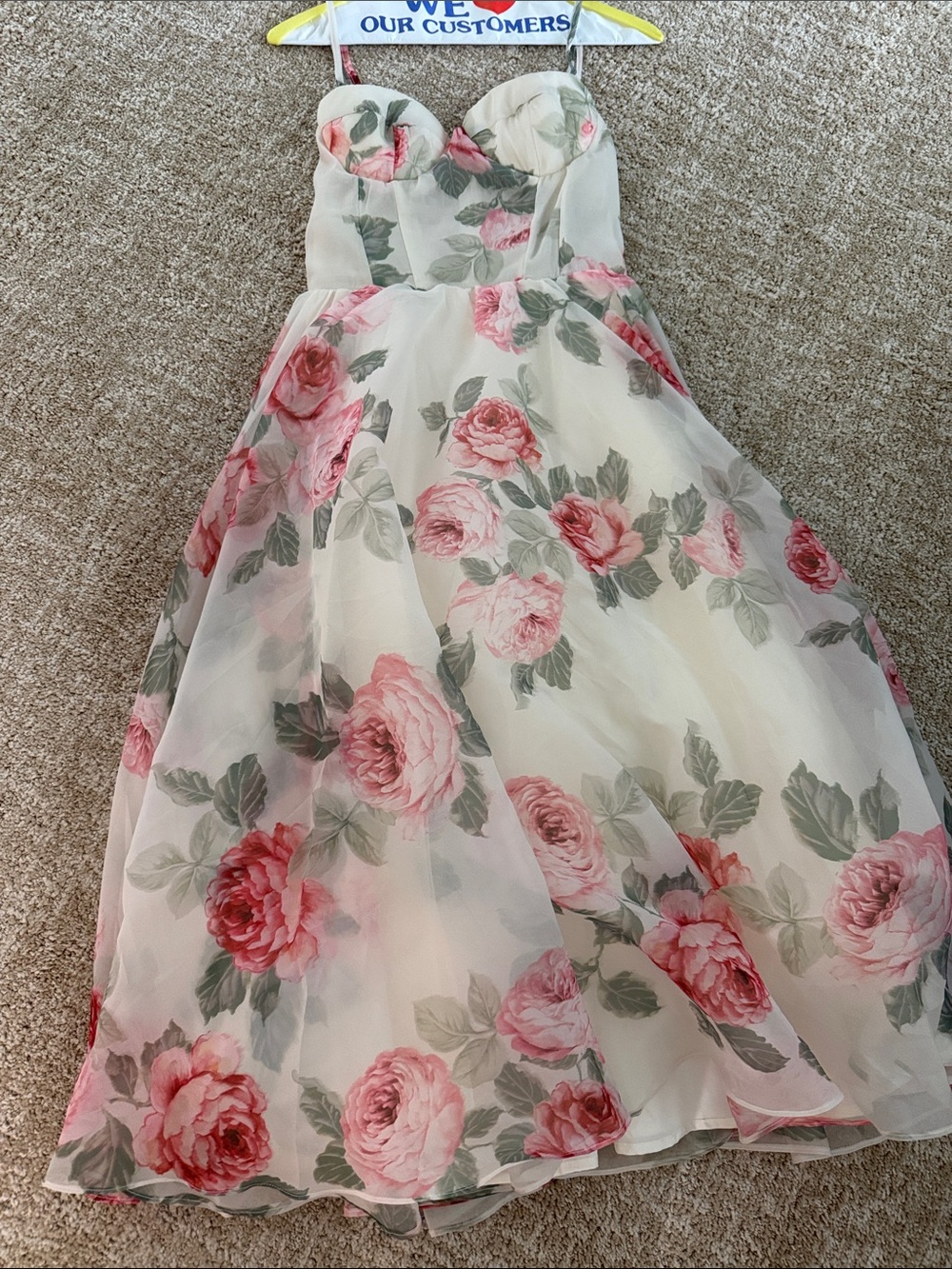 Floral Pink Rose Print Midi Dress - Party Gown